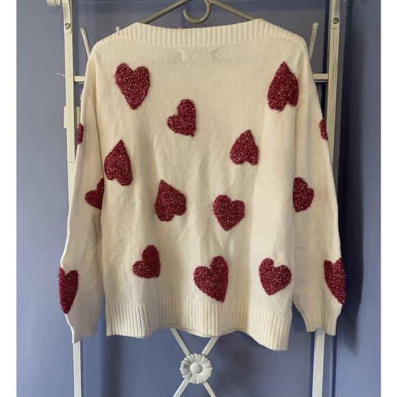 LOFT White Boatneck Sparkle Heart Sweater Hollidays preppy XS - Picture 4 of 6